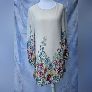 Yumi Silk Floral Shift Dress Ivory Long Sleeve US 6